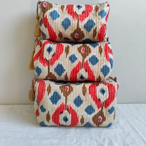 Set Of 3 Cotton Quilted Makeup Bag & Organizer, Cotton Toiletry Case, Travel Bag, Indian Block Print Makeup Bag, Floral Print Pouch Bag