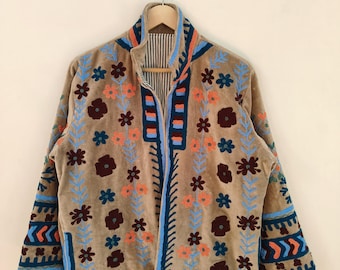 Velvet Suzani Embroidered Jacket – Handmade Floral Boho Ethnic Short Coat, Festival Wear, velvet suzani embroidery jacket