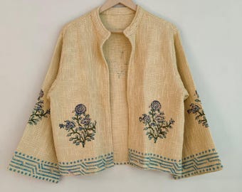 Handbedruckte Baumwolljacke im Boho-Chic-Stil, indischer Blockdruckmantel, handgefertigte Damenjacke
