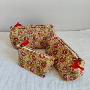 Set Of 3 Cotton Quilted Makeup Bag & Organizer, Cotton Toiletry Case, Travel Bag, Indian Hand Block Print Makeup Bag, Floral Print Pouch Bag