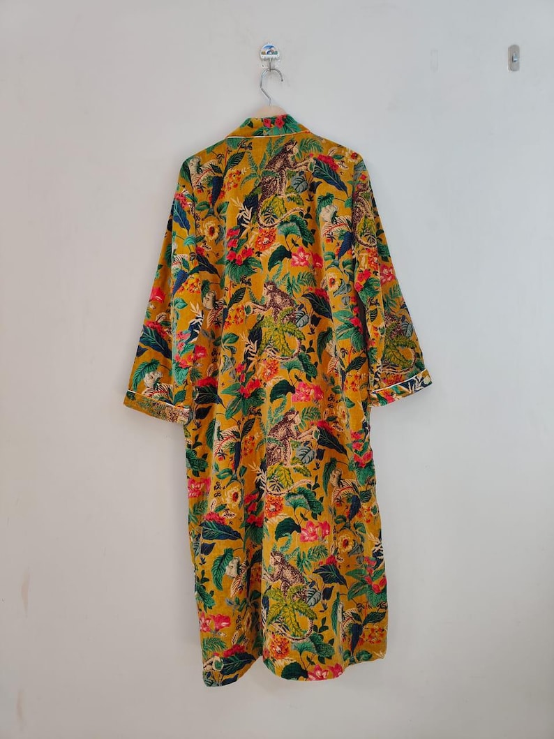 Mustard Yellow Robe Mustard Monkey Print Velvet Kimono Robes, Morning Tea Velvet Coat ...