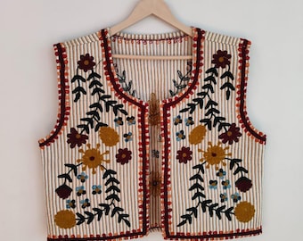 Handmade Quilted Suzani Embroidered Vest – Bohemian Floral Waistcoat – New Striped Cotton Boho Festival Waistcoat, Tribal Ethnic Folk Jacket