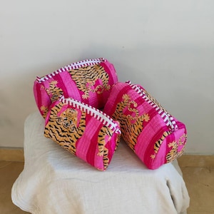 Set Of 3 Cotton Quilted Makeup Bag & Organizer, Cotton Toiletry Case, Travel Bag, Indian Block Print Makeup Bag, Pink Tiger Print Pouch Bag