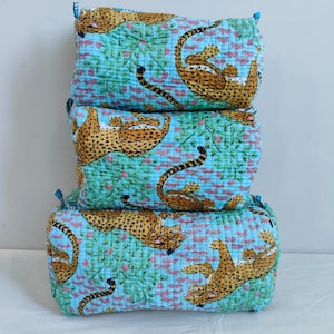 Set Of 3 Cotton Quilted Makeup Bag & Organizer, Cotton Toiletry Case, Travel Bag, Indian Block Print Makeup Bag, Tiger Print Pouch Bag