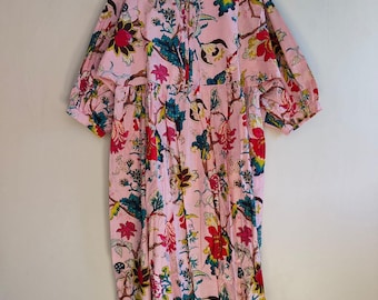 Cotton Dress, Pink Floral Print Women Cotton Dress | Bohemian Dresses for Women Gift For her Closer Full Lining Deep Neck with string closer