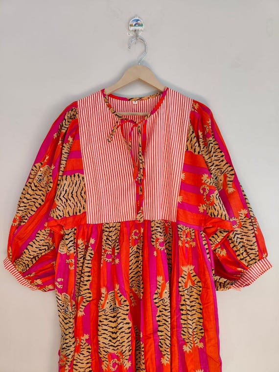 orange tiger stripe dress Orange Stripes Tiger Print Cotton Maxi Dress Handcrafted Boho Animal Print Long Dress Summer Outfit for Women, vacation dress, best gift