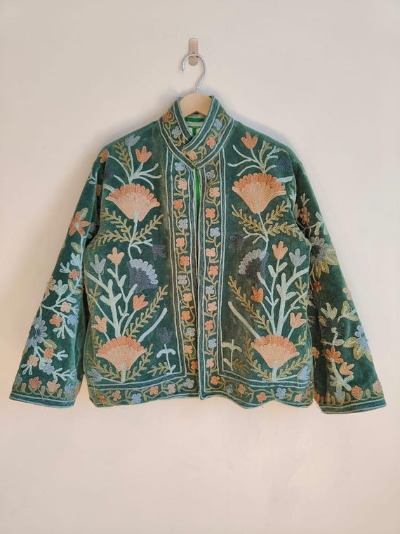 Green Velvet Suzani Jacket, Velvet Suzani Jacket, Hand Embroidered Sujani Jacket, Bohemian Reversible Jacket, Green Jacket, Gifts For Her