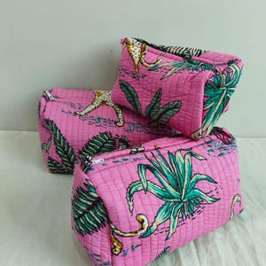 Set Of 3 Cotton Quilted Makeup Bag & Organizer, Cotton Toiletry Case, Travel Bag, Block Print Makeup Bag, Pink Jungle Print Pouch Bag