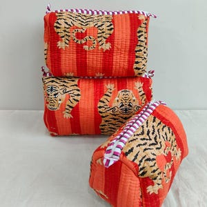 Set Of 3 Cotton Quilted Makeup Bag & Organizer, Cotton Toiletry Case, Travel Bag, Indian Block Print Makeup Bag, Oange Tiger Print Pouch Bag