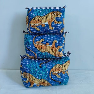 Set Of 3 Cotton Quilted Makeup Bag & Organizer, Cotton Toiletry Case, Travel Bag, Indian Block Print Makeup Bag, Blue Tiger Print Pouch Bag