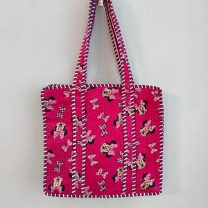 Sac fourre-tout en coton rose imprimé dessin animé, sac à bandoulière, réutilisable, écologique, petit et confortable, taille (13 x 12), pour tous types d'utilisations