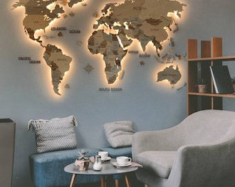 3D Wooden World Map with LED Backlighting, Wood Wall Decor