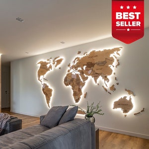 Luxury LED Wooden World Map Wall Art, Handmade Engraved Travel Decor