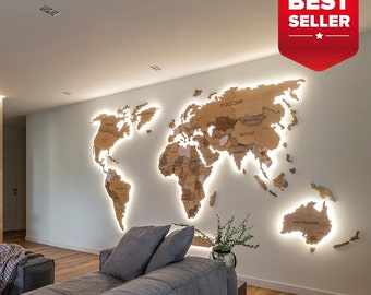 LED Wood World Map, 3D Wooden World Map Wall Art, Backlit World Map Decor, Travel Map Gift, Large Wall Map