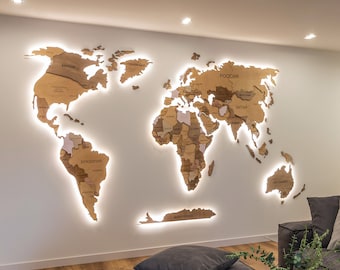 3D LED map wedding gift in light academia style - Indie room above bed decor - Large laser cut 3D wood world travel map, phd graduation gift