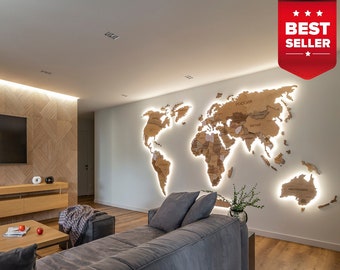 3D world map with LEDs, Wooden wall map of the world, 3D natural wood map with LED backlighting, ECO-friendly wooden map without backing