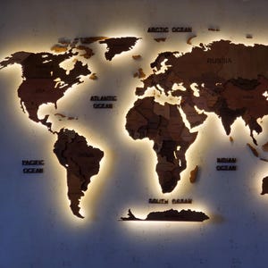 Mapa-múndi de madeira inteligente com LED – Controle por voz, decoração de parede feita à mão