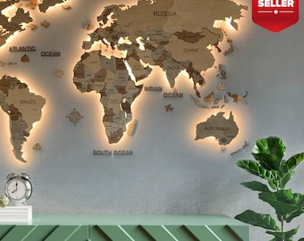 3D LED Wood World Map, Large Wall Art Decor