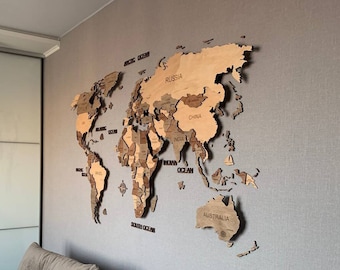 3D Wooden World Map LED, Wood Engraved, Luminous Wall Decor