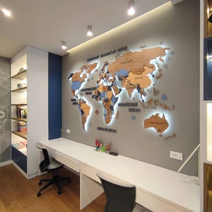 3D wood world map with LEDs, Push pin world map, Phd graduation gift, Push pin blue travel map, Plug-in wall light, Above bed Led wall light