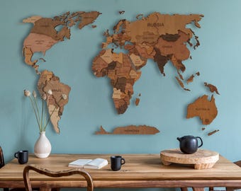 Handmade Wooden World Map Wall Art – Rustic 3D Travel Decor