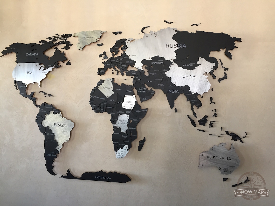 Large Metal Map, Wood Art World Map, 3d Metal World Map, Christmas Gift, Metal Travel Map, US