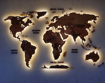 3D Wood World Map with LED – Travel Push Pin Wall Art