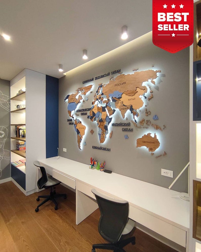 Large Wooden World Map with LED Backlighting, Luxury Office Wall Decor image 1