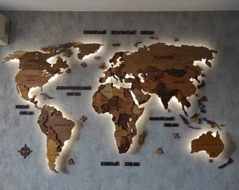 3D Wood World Map, Large Wooden Wall Art with Backlighting