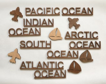 Wooden Map Accessories, Ocean Names, Travel Map Decor