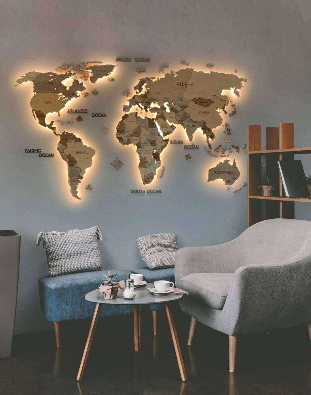 3D Wooden World Map With LED Backlighting, Wood Wall Decor - Etsy