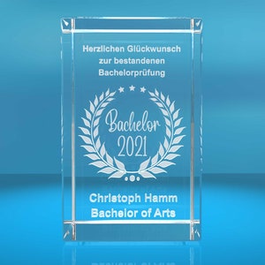 3D Glasquader   Bachelor + Jahreszahl   Glückwunsch mit Wunschtext   Geschenk zur Bachelorprüfung