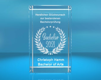 3D glass cuboid bachelor + year congratulations with desired text gift for the bachelor exam