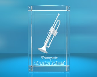 3D Glasquader |Trompete mit Wunschnamen |Blasinstrument |Geschenk für Trompetenspieler Musiker Orchester