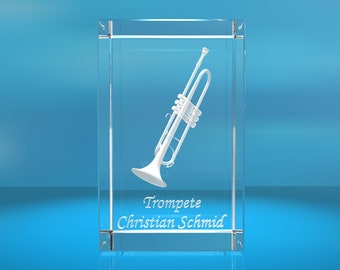 3D Glas cuboid | Trompet met gewenste naam | Het | van het blaasinstrument Cadeau voor Trumpet Players Musicians Orchestra