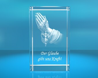 3D Glasquader   Motiv: Betende Hände Text Der Glaube gibt uns Kraft