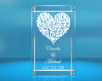 3D glass cuboid decorated heart name + date