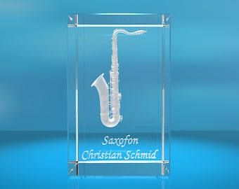 3D Glas cuboid | Saxofoon met gewenste naam | Saxofoon | Cadeau voor Saxofonist Muzikant Saxofonist