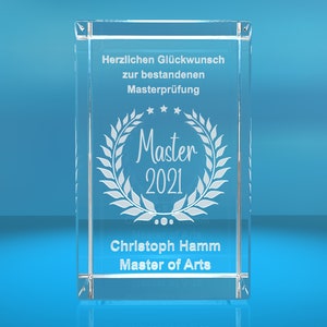 3D Glasquader   Master + Jahreszahl   Glückwunsch mit Wunschtext   Geschenk zur Masterprüfung