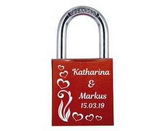 ELUNO love lock with your name, date and decoration with hearts, color red, motif M017
