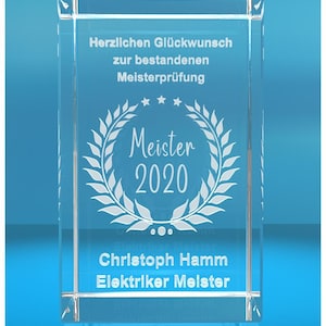 3D Glasquader   Meister 2020   Glückwunsch mit Wunschtext   Geschenk zur Meisterprüfung