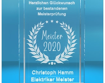 3D Glasquader   Meister 2020   Glückwunsch mit Wunschtext   Geschenk zur Meisterprüfung