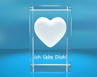 3D Glasquader I Herz I Text: Ich liebe Dich!