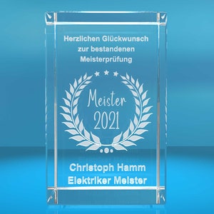 3D Glasquader   Meister 2021   Glückwunsch mit Wunschtext   Geschenk zur Meisterprüfung