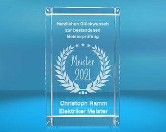 3D Glasquader   Meister 2021   Glückwunsch mit Wunschtext   Geschenk zur Meisterprüfung