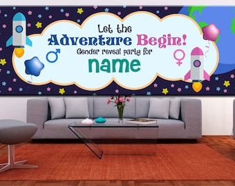 Gender Reveal Party Banner Let the Adventure Begin Pink or Blue Banner Gender Reveal Ideas Gender Party Decoration  Baby Gender party Sign