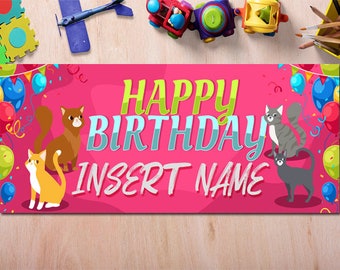 Happy Birthday Cat Theme Banner Custom Name Banner Personalized Sign Nursery Kids Children Party Decoration, Happy Birthday Sign