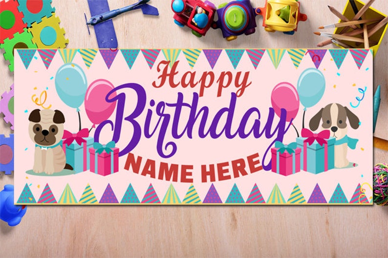 Personalized Name KidsChildren Birthday Party Decoration Banner Dog Background Happy Birthday Banner Dog Lovers Birthday Party Banners