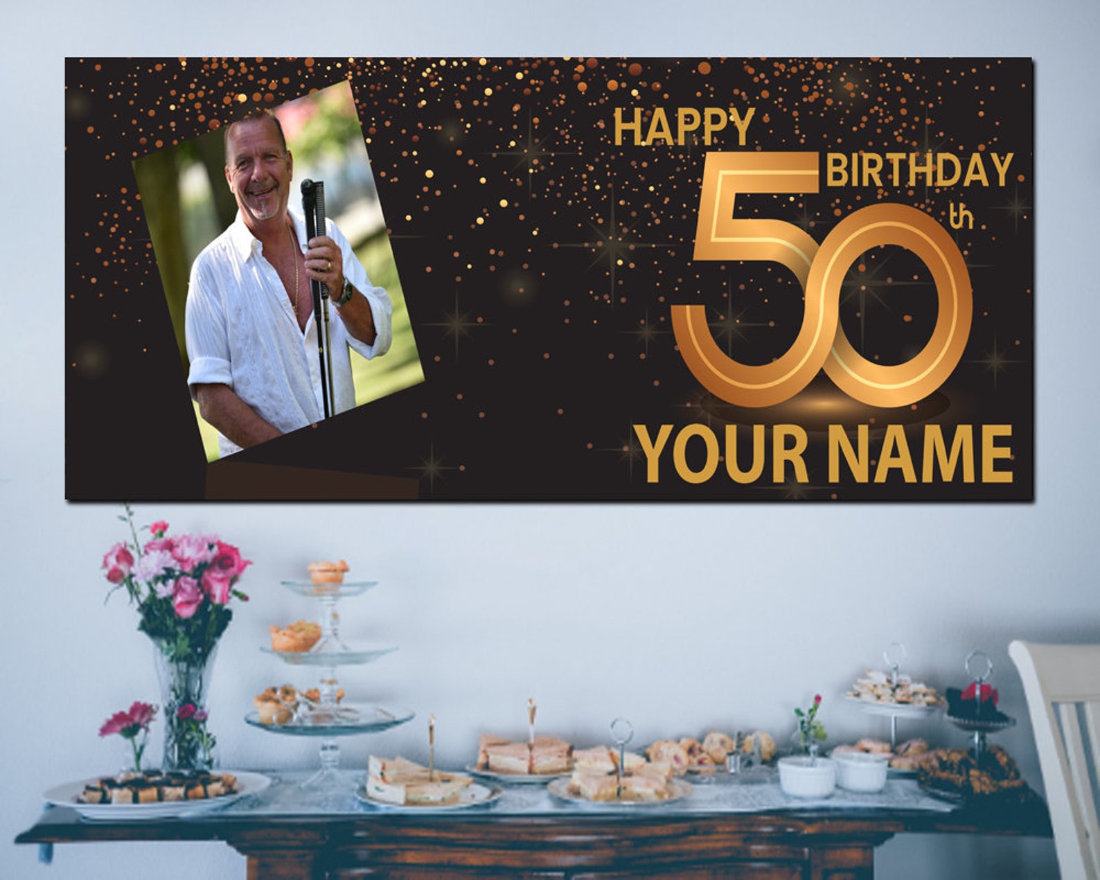 Happy 50th Birthday Banner Gold Confetti Personalized Photo Etsy