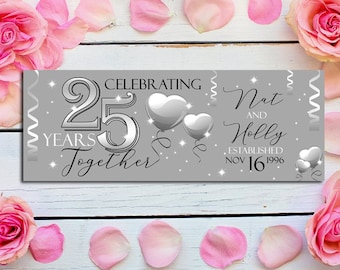 Happy 25th Wedding Anniversary Banner | Silver 25th Wedding Anniversary | Personalized Battery | Wedding Anniversary Banner  Party Decor